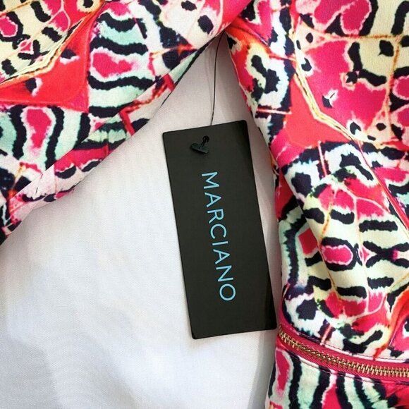 NWT MARCIANO PINK COLORFUL ABSTRACT PRINT ZIPPED HEMLINE ASYMMETRICAL JACKET - 4 - Picture 7 of 11